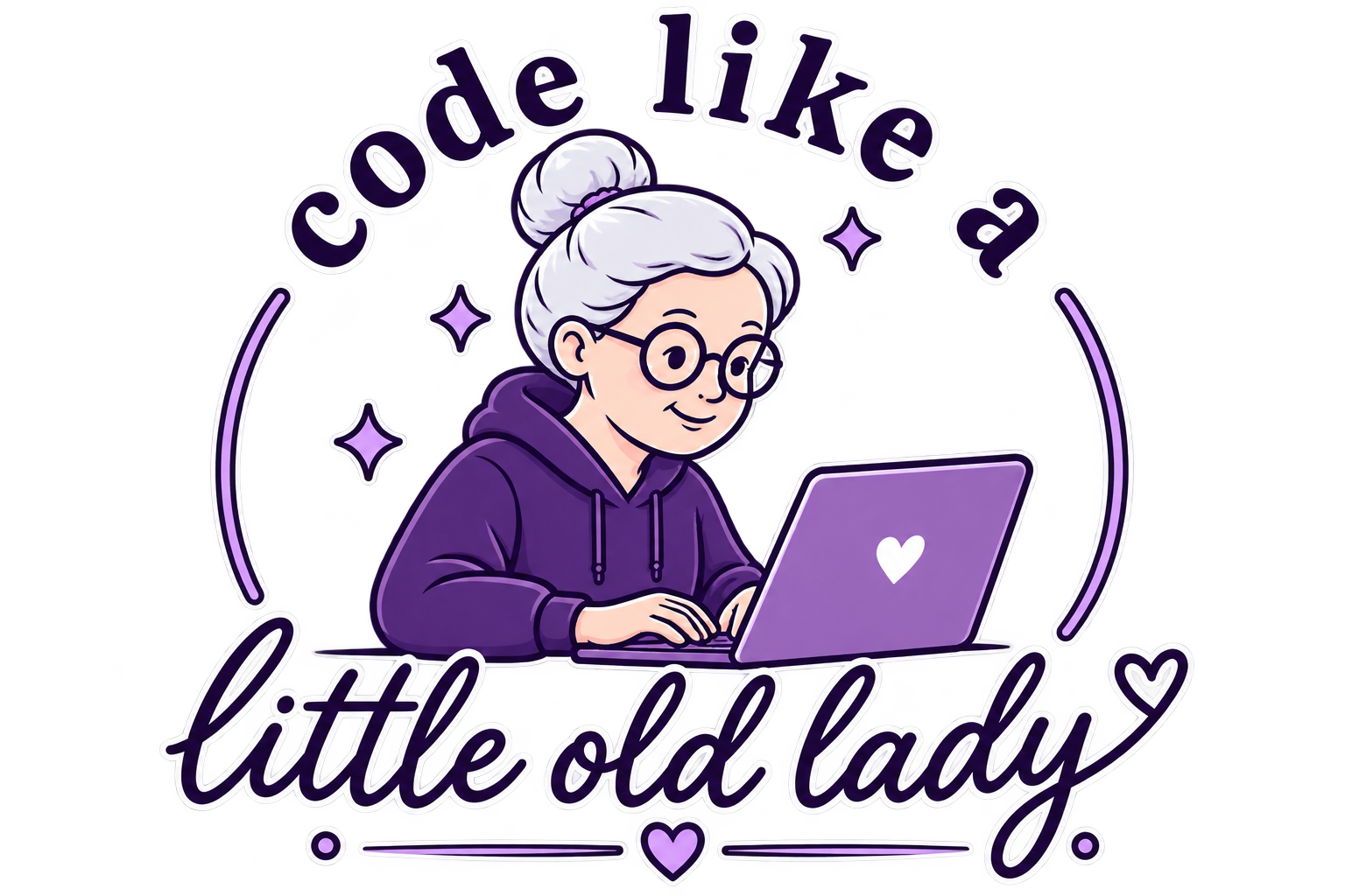 Code Like A Little Old Lady logo, an older woman coding at a laptop